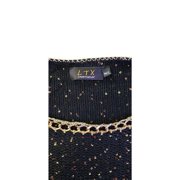 LTX Elegant Black Gold Trim Sweater Sparkling Metallic Knit Holiday Party S/M - Picture 6 of 6